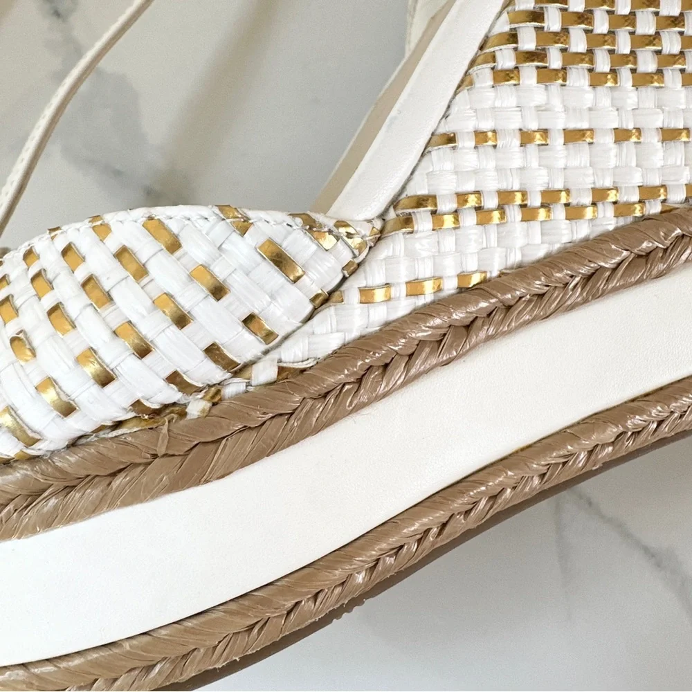 Guess Gace Platform Wedge Sandal 10 Metallic Gold and White Woven T-Straps